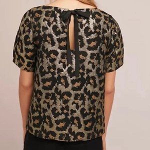 Hutch‎ blouse top sz XS cheetah print textured keyhole tie back
 Anthro